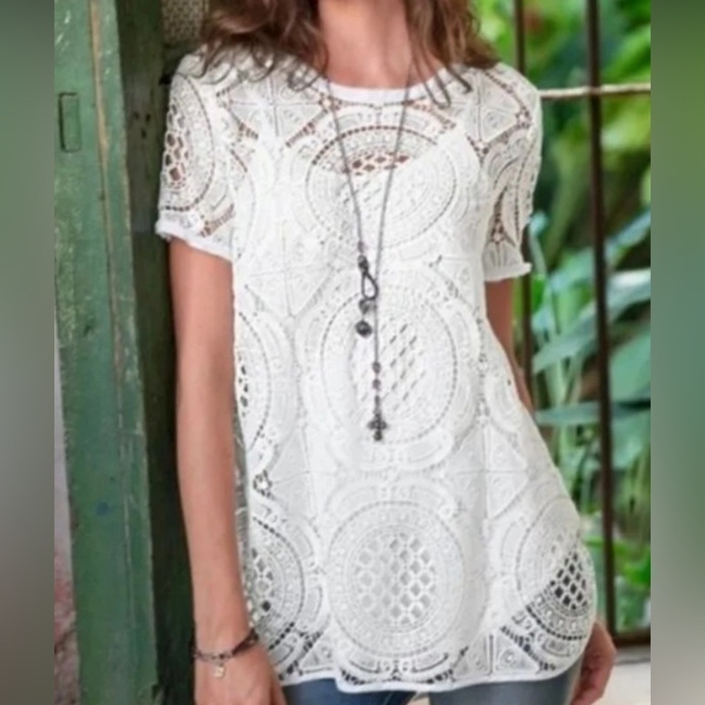 Sundance shadow dance crochet lace knit romantic boho short sleeve blouse size M